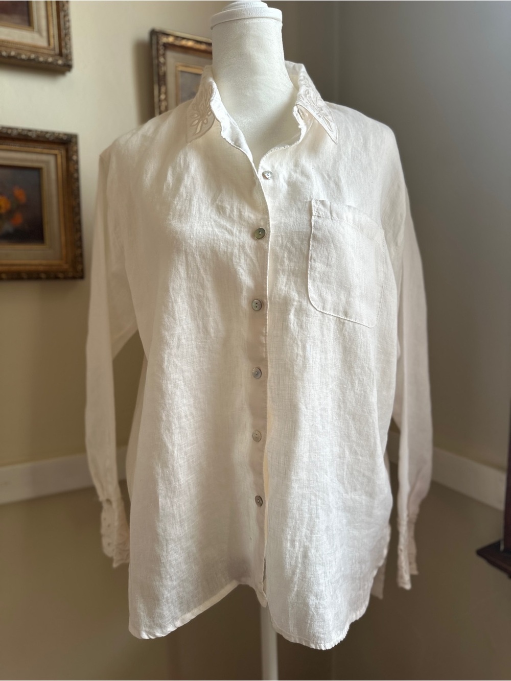 100% Linen Magaschoni Cream Button-Down Shirt with Embroidered Collar